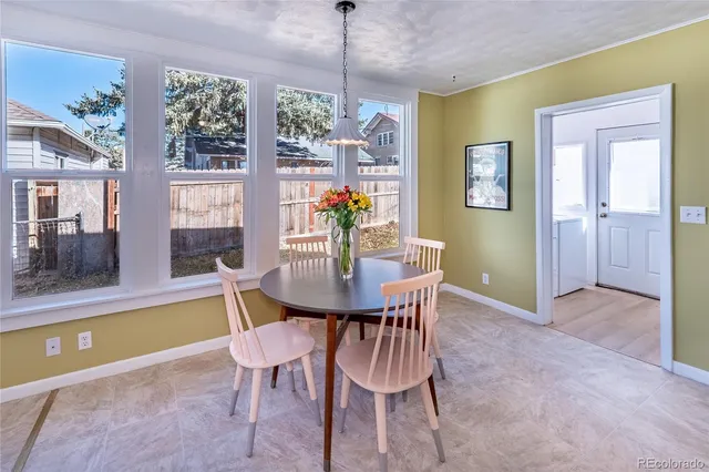 a view of a dining room with furniture window and outside view