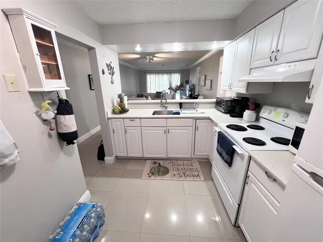 a kitchen with a sink a stove and cabinets