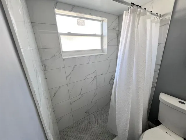 a bathroom with a shower and a toilet
