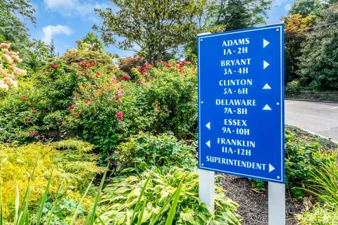 a view of a sign board with plants