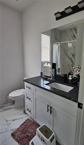 a bathroom with a sink a toilet and a mirror
