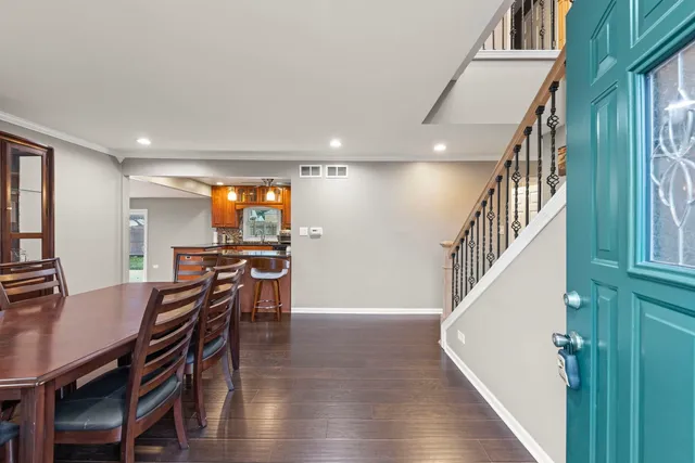 a view of a dining room with furniture