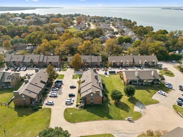 an aerial view of a swimming pool