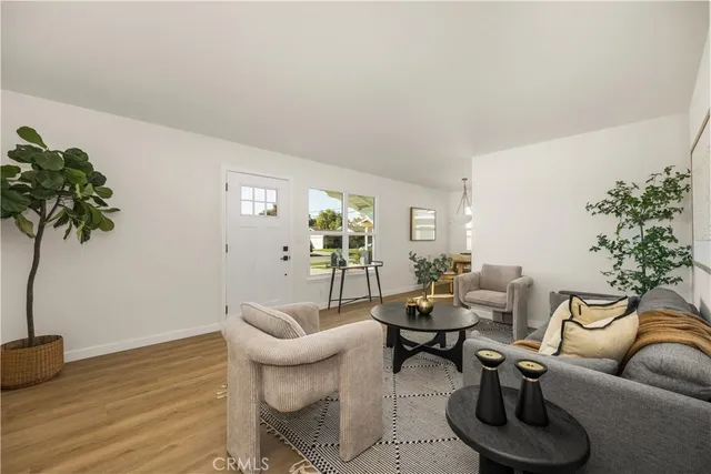 a living room with furniture and a potted plant