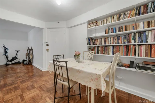 a view of a dining room with furniture