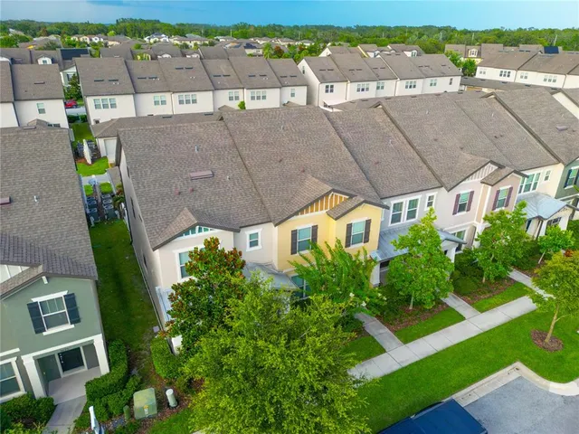 an aerial view of residential houses with outdoor space