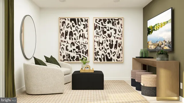 a living room with a couch and a potted plant