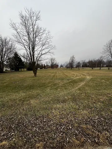 a view of a field with an trees in the background