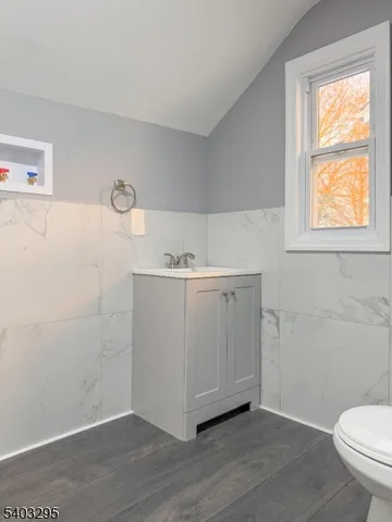 a bathroom with a sink a toilet and window