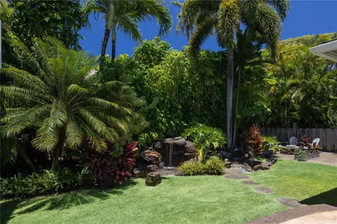 a view of backyard with plants and outdoor seating