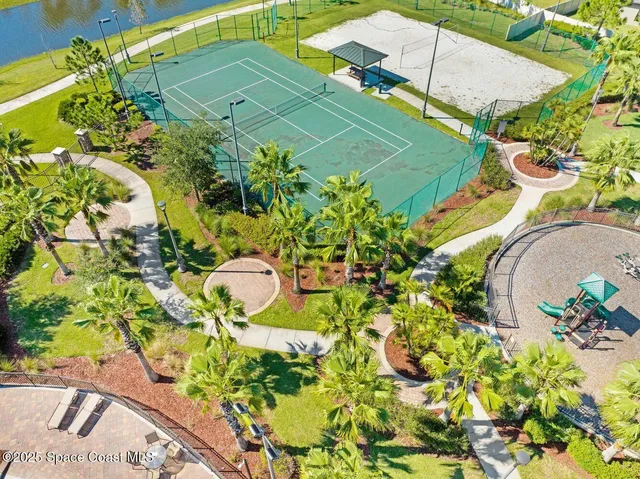 an aerial view of a swimming pool