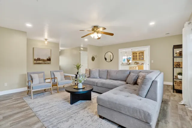 a living room with furniture potted plant and a window