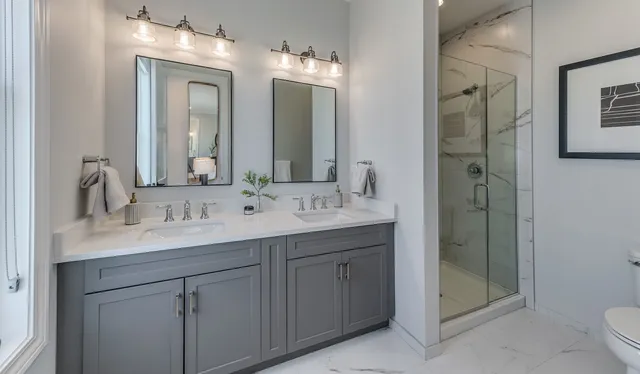 a bathroom with a double vanity sink mirror and toilet