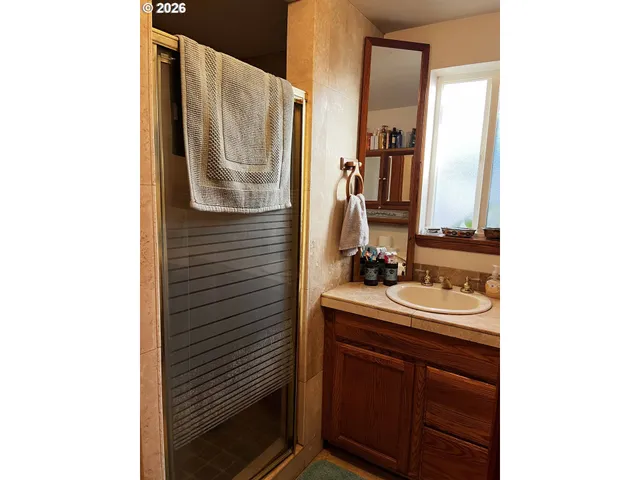 a bathroom with a sink a mirror and a shower