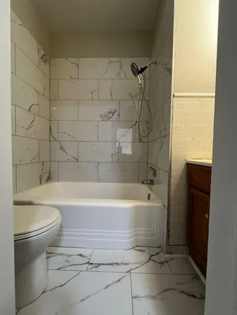 a bathroom with a bathtub and a toilet