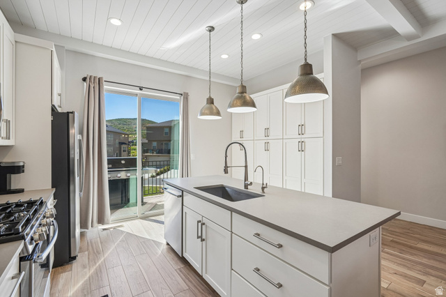 1107 West Wasatch Springs Road, Unit M3 Heber City, UT 84036 - Photo 10 of 34 Kitchen featuring wood-finish flooring, white shaker cabinetry, recessed lighting, and a white plank ceiling