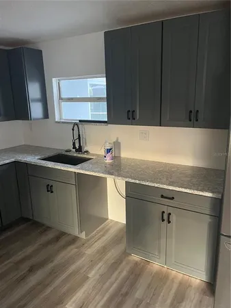 a kitchen with a sink cabinets and a wooden floor