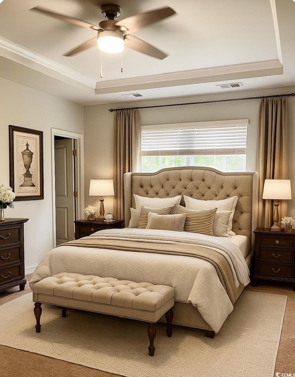 3320 Candytuft Drive Conway, SC 29526 - Photo 14 of 19 Carpeted bedroom with a raised ceiling, ceiling fan, and crown molding