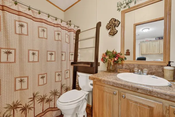 a bathroom with a granite countertop sink a toilet and a mirror