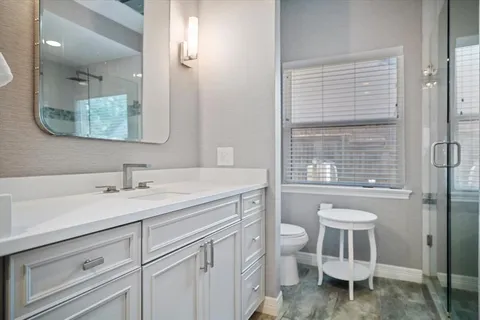a bathroom with a sink a toilet and a mirror