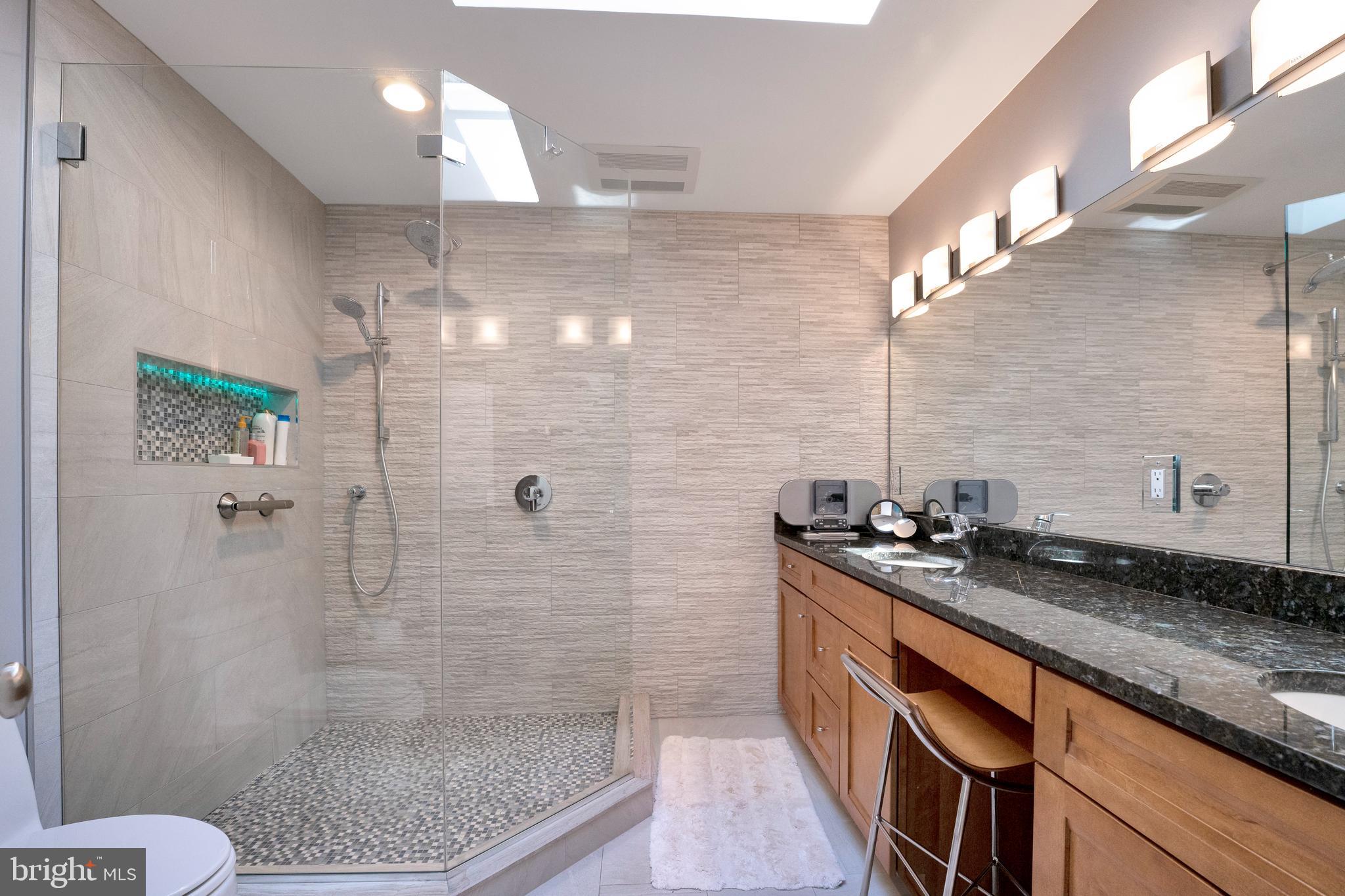 3214 Foxvale Drive Oakton, VA 22124 - Photo 29 of 56 a bathroom with a granite countertop sink a toilet a mirror and shower