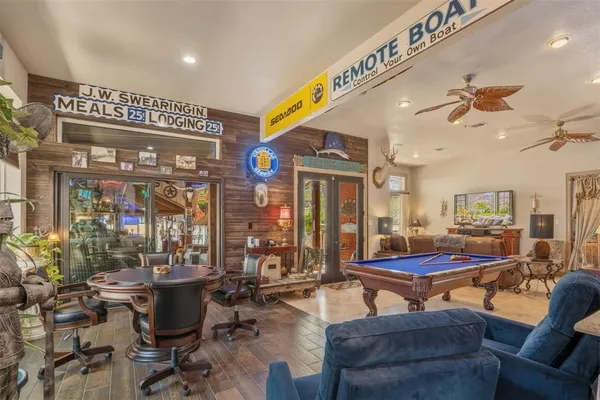 a view of a living room with retail shops