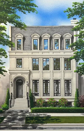 a front view of a residential apartment building with yard and parking spaces