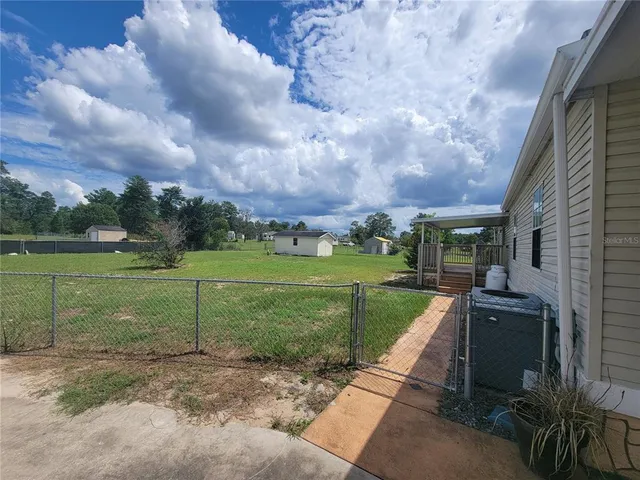 a view of a garden with a large tree