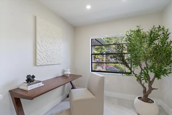 a living room with furniture and a potted plant