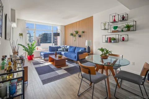 a living room with furniture and a potted plant