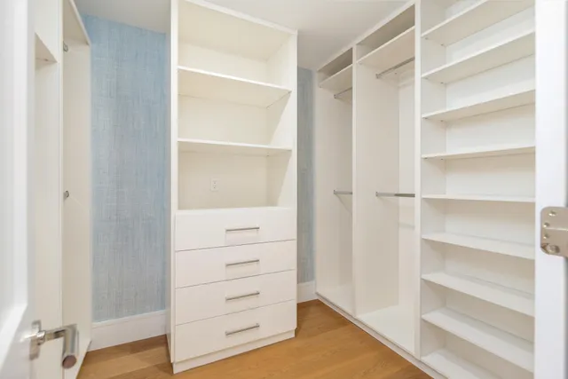 a view of walk in closet with empty racks