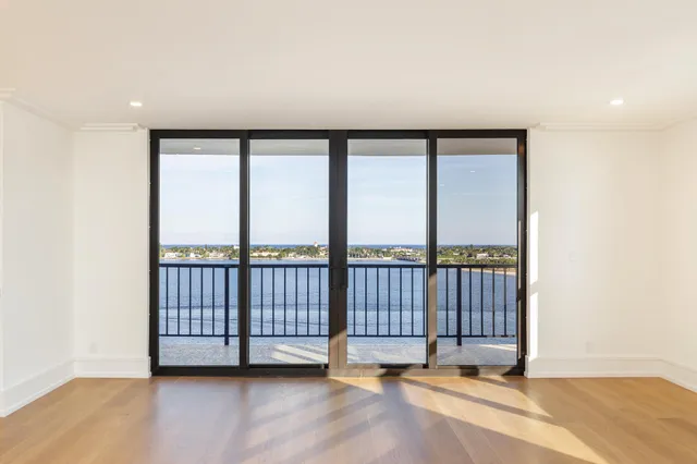 a view of a black and white floor in a room