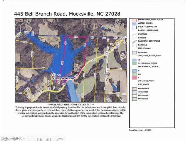 445 Bell Branch Road Mocksville, NC 27028 - Photo 3 of 15 Land. Lot Dimension, Aerial & Flood Plain Overlay, 445 Bell Branch Road