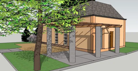 a view of a house with a yard and large trees