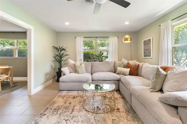a living room with furniture and a large window