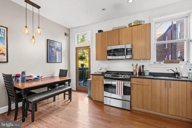 a kitchen with stainless steel appliances a stove a sink dishwasher and cabinets with wooden floor