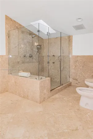 a bathroom with a shower and a toilet
