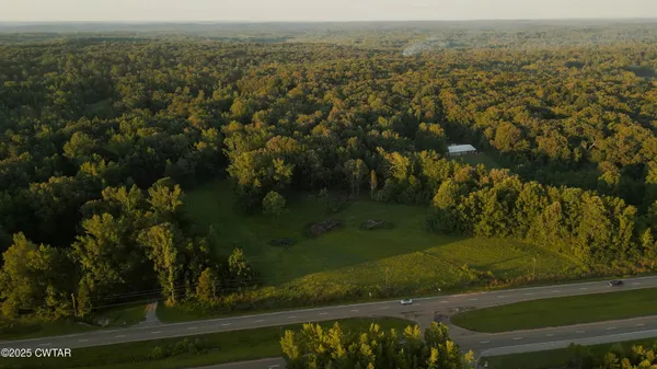 an aerial view of residential houses with outdoor space and trees