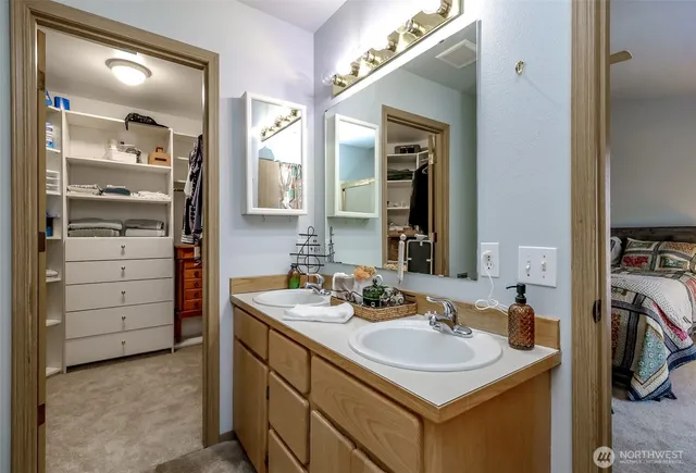 a bathroom with a sink vanity and a mirror