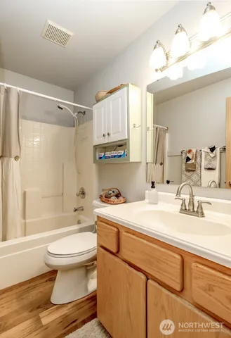 a bathroom with a sink a toilet and a large mirror