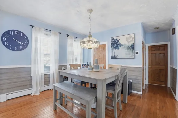 a view of a dining room with furniture window and wooden floor