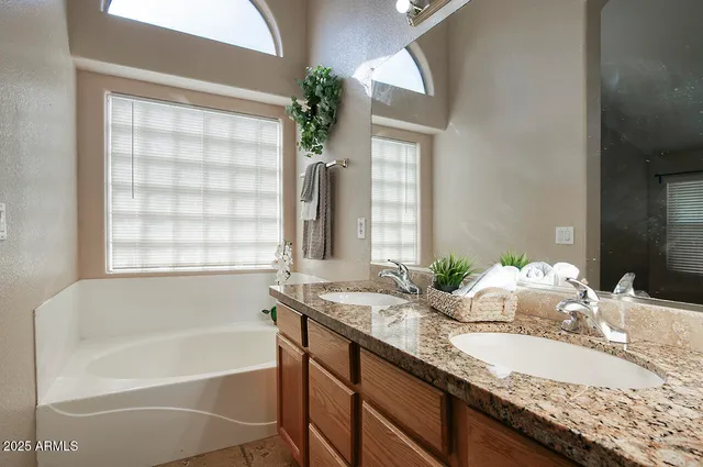 a bathroom with a granite countertop bathtub a sink and a large mirror
