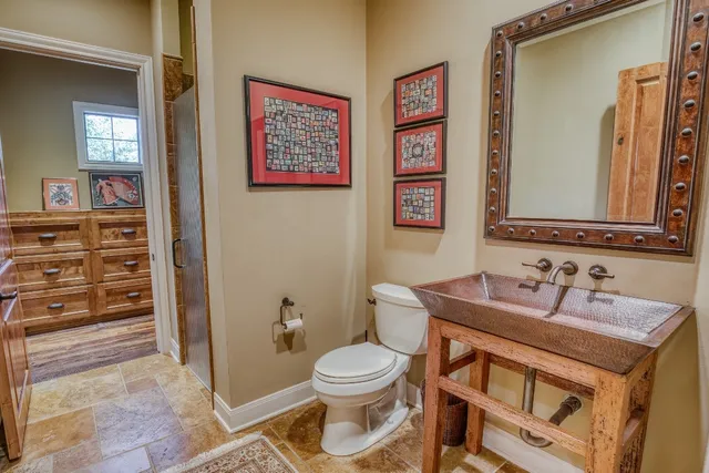 a bathroom with a toilet a sink and a mirror