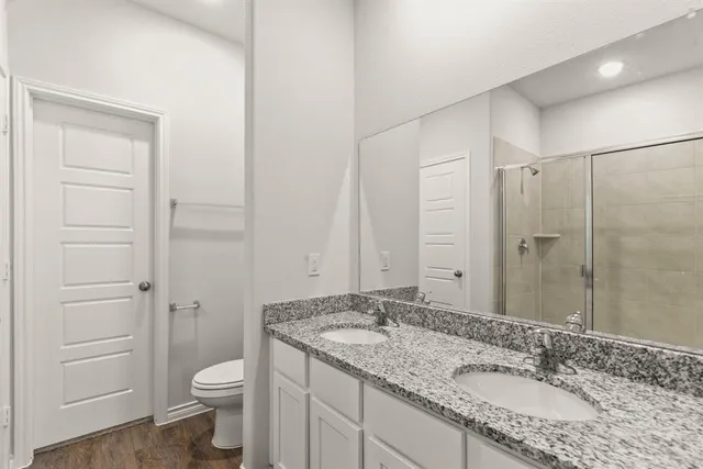 a bathroom with a granite countertop sink toilet and shower