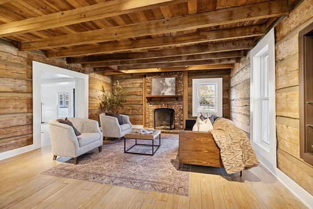 a view of a fireplace in the room