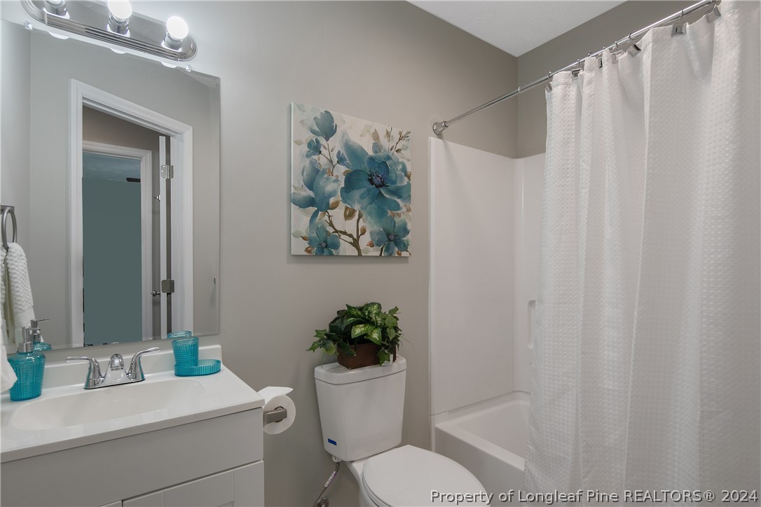 130 Rye Lane Raeford, NC 28376 - Photo 29 of 38 a bathroom with a sink a toilet and shower curtain