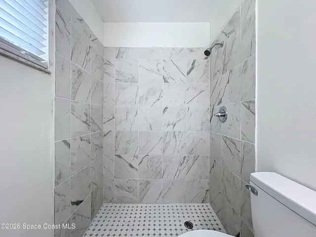 a bathroom with a shower and a toilet