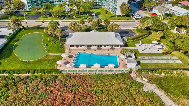 an aerial view of a swimming pool