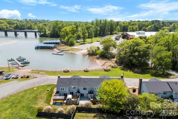 an aerial view of a house with garden space