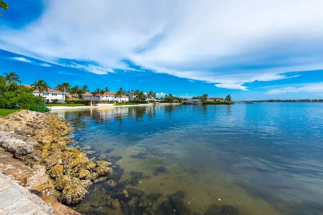 a view of a lake with houses in the back